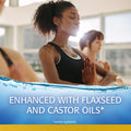 A woman in a black tank top practices yoga indoors, hands in prayer position, with others blurred in the background. Water imagery and text read: Lipid-Enhanced Relief with flaxseed and castor oils. Try Abbvies Refresh Optive Mega-3® Preservative-Free Lubricant Eye Drops for soothing care.*.