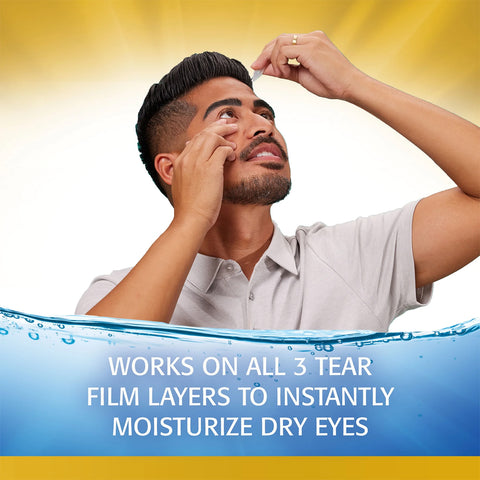 A man in a light polo shirt tilts his head back and uses preservative-free Refresh Optive Mega-3 Lubricant Eye Drops by Abbvie, set against a sunny background. The text reads, Moisturizes dry eyes instantly with lipid-enhanced relief for all 3 tear film layers.