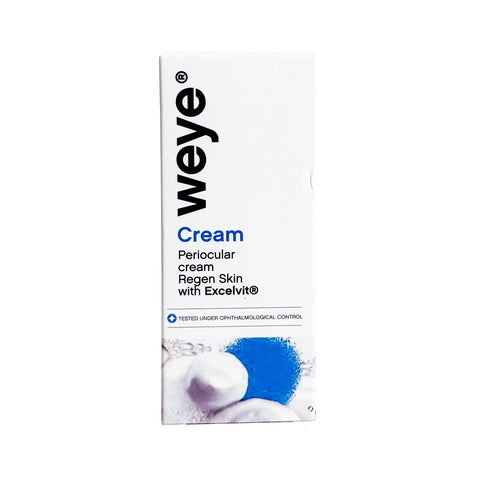 Weye Regenerating Eye Cream offers hydrating and restorative periocular care with Excelvit®, Vitamin E, Vitamin C, and Olive Oil. Perfect for dry eyes, blepharitis, and ocular rosacea, it comes in a white and blue box featuring Regen Skin and is ophthalmologically tested. (50mL).