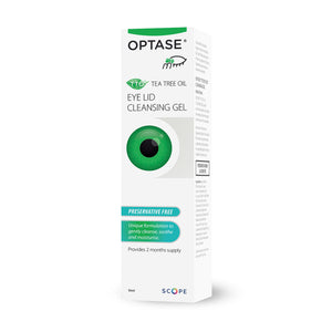 The Optase Tea Tree Oil Eye Lid Cleansing Gel (50mL) comes in a white box with a green eye graphic and an eyelash illustration. Designed for gentle cleansing, soothing, and moisturizing of eyelids, it’s preservative-free with a 2-month supply.