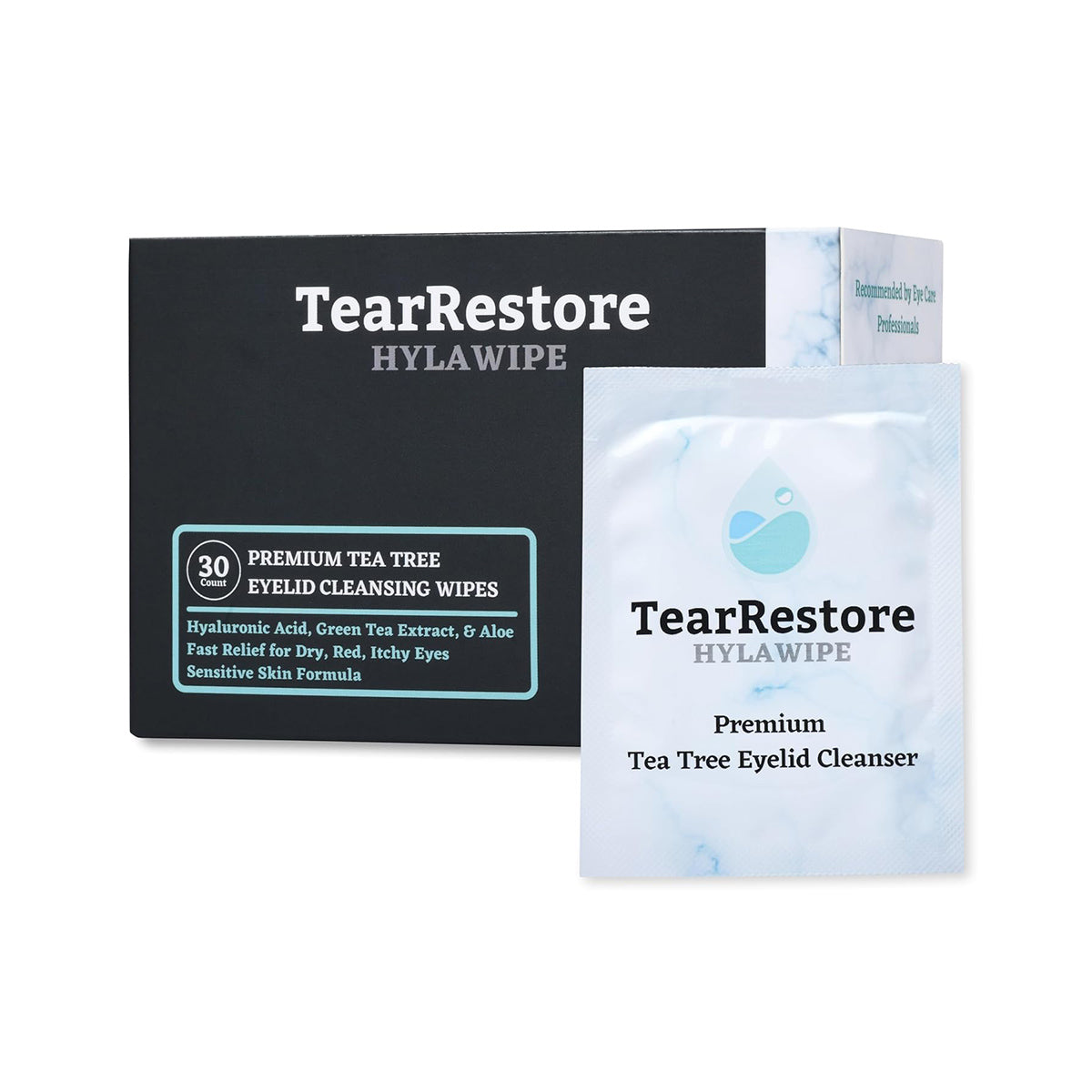 A 30-count box of TearRestore HylaWipe Tea Tree Lid Hygiene Wipes featuring hyaluronic acid, green tea extract, and aloe, designed to soothe red, puffy, and itchy eyes with a hydrating formula.