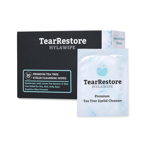 A 30-count box of TearRestore HylaWipe Tea Tree Lid Hygiene Wipes featuring hyaluronic acid, green tea extract, and aloe, designed to soothe red, puffy, and itchy eyes with a hydrating formula.