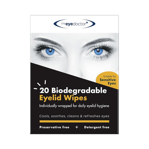 The Eye Doctors Biodegradable Eyelid Wipes for Eyelid Cleaning 20ct are shown in packaging with blue eyes, designed for sensitive eyes. Theyre preservative and detergent-free, ideal for daily eyelid hygiene to cool, soothe, clean, and refresh.