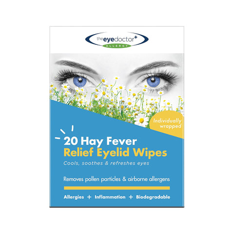 The packaging for The Eye Doctor Allergy/Hay Fever Relief Eyelid Wipes (20ct) features blue eyes and daisies. These biodegradable wipes are designed for allergy-prone eyes, offering cooling relief and removing pollen. Each wipe is individually wrapped.