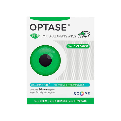 The Optase Tea Tree Oil Eyelid Wipes box of 20 features a striking green eye graphic. Preservative-free, these wipes highlight eyelid hygiene with tea tree oil and hyaluronic acid. Use involves three steps: Heat, Cleanse, Hydrate.