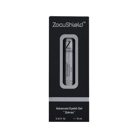 The black and gray packaging of ZocuShield Gel Eyelid Cleanser from Zocular features a silver tube with advanced ingredients like okra, designed to combat dry eyes with Zotrex, and holds 0.34 Fl. Oz./10 mL for over 100 applications.