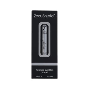 The black and gray packaging of ZocuShield Gel Eyelid Cleanser from Zocular features a silver tube with advanced ingredients like okra, designed to combat dry eyes with Zotrex, and holds 0.34 Fl. Oz./10 mL for over 100 applications.