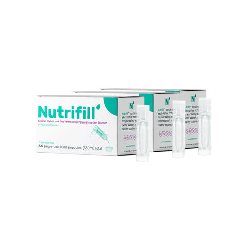 Three boxes of Contamacs Nutrifill 3-Pack Bundle, each with 35 single-use ampoules ideal for scleral lenses, are displayed alongside three clear ampoules. The predominantly white packaging features teal and purple accents, emphasizing its preservative-free saline formulation.