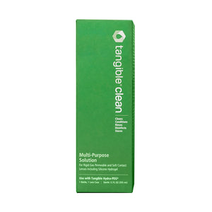 A green box of Tangibles Tangible Clean Multi-Purpose Solution for RGP, scleral, and soft contact lenses, including Hydra-PEG coated lenses. It cleans, conditions, rinses, disinfects, and stores. Pack includes a 2 fl oz (59 mL) bottle and lens case.