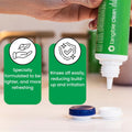 A person dispenses Tangible Clean multi-purpose solution onto a case, showcasing benefits: Lighter, more refreshing, and Rinses off easily to reduce build-up and irritation, ideal for Hydra-PEG coated lenses.