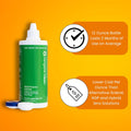 A green bottle of Tangible Clean - RGP, Scleral and Soft Contact Lens Multi-Purpose Solution is on the left. On the right, benefits include: 12 oz lasts 2 months and Lower cost per ounce than alternatives. Orange background. Ideal for Hydra-PEG coated lenses.