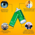 A yellow backdrop showcases the Tangible Clean solution bottle and box. Arrows emphasize its pH balance, hypoallergenic features, multipurpose use for contact lenses, and efficacy in preventing irritation for Hydra-PEG coated lenses.