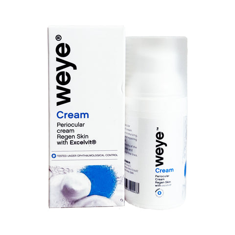 The Weye Regenerating Eye Cream box and bottle feature blue and black text, highlighting its use for periorbital care. The packaging, with a blue abstract image, notes its dermatological testing, making it ideal for dry eyes. Contains Excelvit®, Vitamin E, Vitamin C & Olive Oil (50mL).
