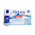 PuriLens Plus Preservative Free Saline is ideal for sensitive eyes or contact lenses. The packaging includes a white box with blue text and a red Saline label, featuring a 4 fl oz (120 mL) preservative-free bottle. Brand: Purilens, available in multiple sizes and packs.