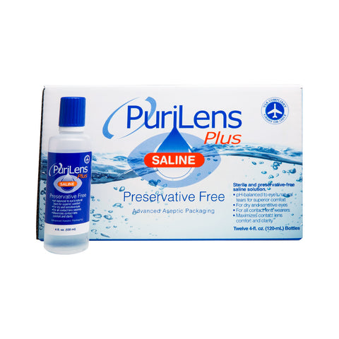 PuriLens Plus Preservative Free Saline is ideal for sensitive eyes or contact lenses. The packaging includes a white box with blue text and a red Saline label, featuring a 4 fl oz (120 mL) preservative-free bottle. Brand: Purilens, available in multiple sizes and packs.