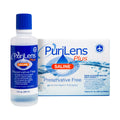 The PuriLens Plus Preservative Free Saline, from Purilens, showcases a blue-capped bottle and box. Ideal for contact lenses and sensitive eyes, its preservative-free packaging underscores comfort and care.