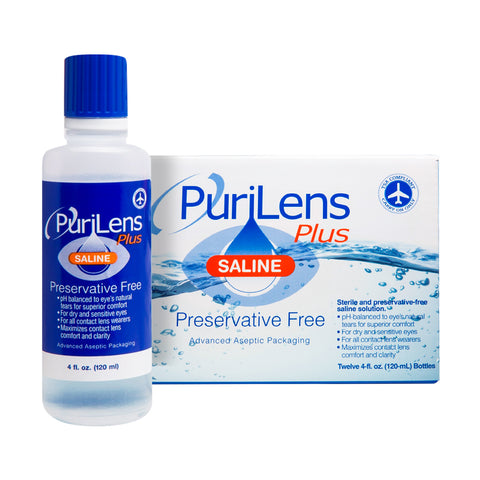 The PuriLens Plus Preservative Free Saline, from Purilens, showcases a blue-capped bottle and box. Ideal for contact lenses and sensitive eyes, its preservative-free packaging underscores comfort and care.