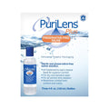 The PuriLens Plus Preservative-Free Saline packaging displays an image of its 4 fl. oz. bottle, featuring a blue cap, ideal for sensitive eyes and all contact lenses. The product is pH-balanced and sterile for dry eye relief.