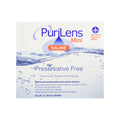 The PuriLens Plus Preservative Free Saline by Purilens, designed for sensitive eyes, features advanced aseptic packaging with sterile, preservative-free saline. The blue and white design showcases water droplets and emphasizes New Airline Approved Bottles for contact lenses.