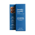 The blue box of Twenty Twentys Get Growing Lash & Brow Enhancing Serum (10ml), created by Dr. Diane Hilal-Campo, features castor oil and showcases Before and After photos with testimonials evidencing enhanced eyelash growth and health.