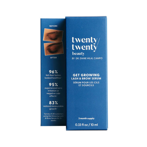 The blue box of Twenty Twentys Get Growing Lash & Brow Enhancing Serum (10ml), created by Dr. Diane Hilal-Campo, features castor oil and showcases Before and After photos with testimonials evidencing enhanced eyelash growth and health.