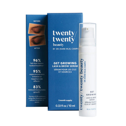 The Twenty Twenty - Get Growing Lash & Brow Enhancing Serum (10ml Bottle) by Dr. Diane Hilal-Campo showcases customer satisfaction with a before photo on its packaging. The bottle promotes it as a premier brow and eyelash growth serum containing castor oil.
