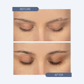 A close-up showcases before and after shots of closed eyes. The before image shows sparse eyebrows, while the after reveals fuller brows, achieved with the Twenty Twenty - Get Growing Lash & Brow Enhancing Serum (10ml Bottle).