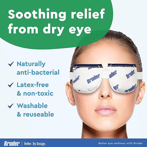 A person wears a Bruder Mask Moist Heat Dry Eye Compress, featuring Bruder on a white surface. It offers soothing relief from dry eyes and Meibomian Gland Dysfunction. Naturally anti-bacterial, latex-free, non-toxic, washable, and reusable. Enhance eye wellness with Bruder.