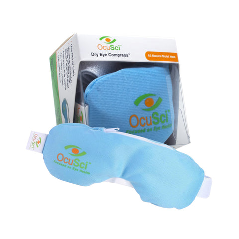 The OcuSci Heat Mask is a microwavable, logo-branded blue eye mask displayed in front of its box. The packaging features a clear window and All Natural Moist Heat text, enhanced by an innovative Hydroblock coating.