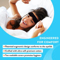 A smiling woman lies in bed wearing a Wizard Research USB Heated Eye Mask. The image highlights: Engineered for Comfort, Patented ergonomic design conforms to the eyelids, Crafted with ultra-soft premium cotton, and Two washable covers promote hygiene and provide soothing heat therapy.