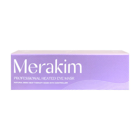 A purple box titled Merakim Professional USB Heat Eye Mask displays sleek wavy lines, emphasizing its USB-powered ease. It offers natural seed heat therapy to enhance tear film stability and includes a convenient controller for easy use.