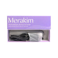 A purple box labeled Merakim Professional USB Heat Eye Mask contains a gray heated eye mask and cord. The packaging features Natural Bead Heat Therapy Mask with Controller and emphasizes the USB-powered ease for enhancing tear film stability.