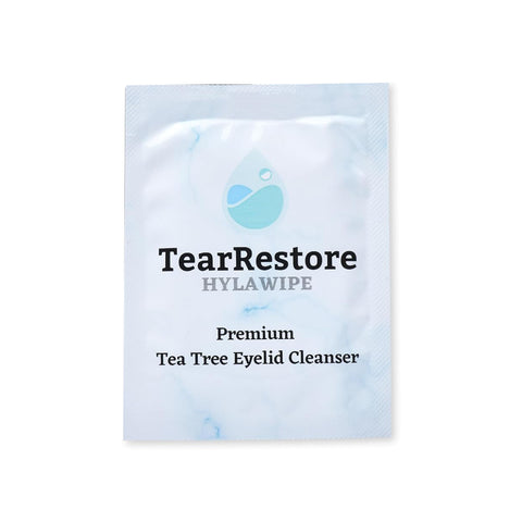 A 30-count packet of TearRestore HylaWipe Tea Tree Lid Hygiene Wipes provides a hydrating formula for eyelid hygiene. The packaging features a white design with a blue drop logo at the top.