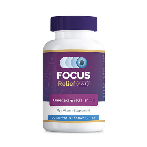 Focus Vitamins Focus Relief Plus Omega-3 Softgels (90 ct. 30 Day Supply) features a purple label with an eye graphic, highlighting Eye Vitamin Supplement. It offers dry eye relief and acts as an effective Omega-3 supplement.
