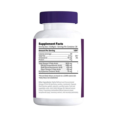 Focus Vitamins Focus Relief Plus Omega-3 Softgels (90 ct. 30 Day Supply) features a white bottle with a purple cap. The label includes details on calories, total fat, cholesterol, protein, and lists EPA and DHA for dry eye relief along with GLA among other ingredients.