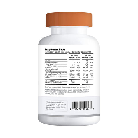 The Focus Select Citrus Chewable AREDS2 Based Formula (90-day Supply) by Focus Vitamins comes in a white bottle with an orange cap. The label includes Supplement Facts for details on calories, carbohydrates, and vitamins. A visible bar code is at the bottom right of the label to support eye health.