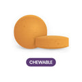 Two Focus Select Citrus Chewable tablets, by Focus Vitamins, designed for eye health and macular support, are shown on a white background. One is upright while the other lies flat. Below them, a purple label highlights CHEWABLE in white text.
