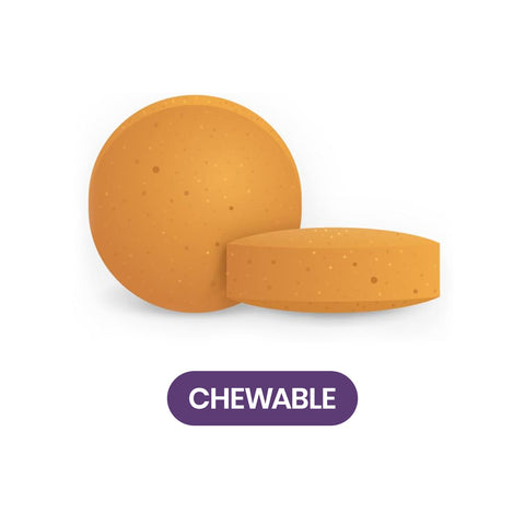 Two Focus Select Citrus Chewable tablets, by Focus Vitamins, designed for eye health and macular support, are shown on a white background. One is upright while the other lies flat. Below them, a purple label highlights CHEWABLE in white text.