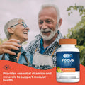 A smiling older couple harvests blueberries. The man, in a white apron, holds blueberries while promoting Focus Select Citrus Chewable by Focus Vitamins, an AREDS2-based eye health supplement that supports macular health and comes in a delightful citrus flavor.