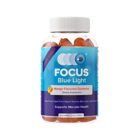 The Focus Blue Light Mango Flavored Gummies by Focus Vitamins offer blue light protection and macular health support with lutein and zeaxanthin. They come in a clear bottle with an eye-themed label and contain 60 gummies, providing a 30-day supply.