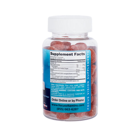 A bottle of Focus Vitamins Focus Blue Light Mango Flavored Gummies (60ct, 1 Month Supply) displays supplement facts. These red, round gummies support blue light protection with lutein and zeaxanthin. Contact details for ordering are at the bottom of the label.