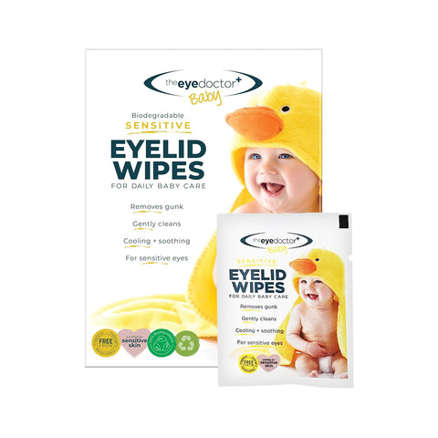 The Eye Doctors Sensitive Baby Eye Wipes feature packaging with a cute baby in a yellow duck outfit. The wipes are biodegradable, preservative-free, and formulated to gently clean and soothe sensitive eyes by effectively removing gunk. Includes 20 wipes.