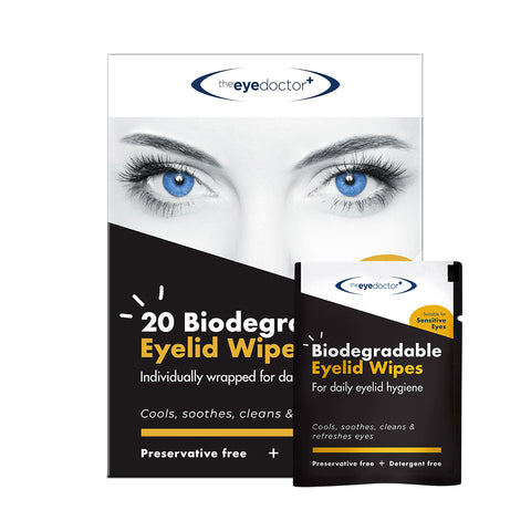 The Eye Doctors Biodegradable Eyelid Wipes for Eyelid Cleaning 20ct features packaging highlighting a womans blue eyes and offers individually wrapped wipes that cool, soothe, clean, and refresh for daily eyelid hygiene.