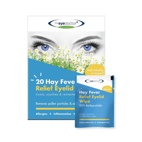 A box of The Eye Doctor Allergy/Hay Fever Relief Eyelid Wipes, ideal for sensitive eyes, features packaging with eyes above daisies. Includes 20 individually wrapped wipes offering cooling, soothing, and allergen removal benefits.