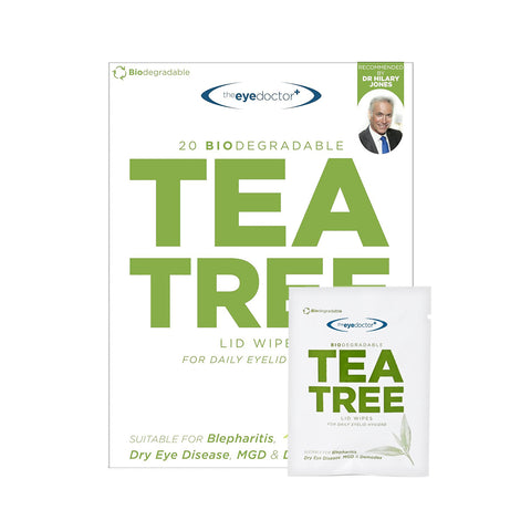 The Eye Doctor Tea Tree Oil Lid Wipes, recommended by Dr. Hilary Jones, offer premium eyelid hygiene and dry eye management with 20 biodegradable wipes per package in a green and white design.