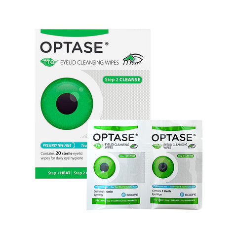 The Optase Tea Tree Oil Eyelid Wipes package, adorned with a green eye graphic, includes a box of 20 wipes plus two sachets. It promotes Step 2 Cleanse, highlights its Preservative Free formula, and emphasizes the soothing tea tree oil benefits for daily eyelid hygiene.
