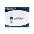 NovaBays NovaWipes pads box features an illustration of a small spray bottle labeled Avenova on a white background. The text includes For use with Avenova, emphasizing soft, absorbent, and hypoallergenic wipes, ideal for soothing irritated eyelids.