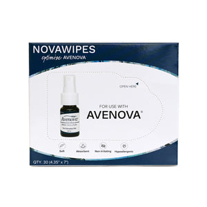 NovaBays NovaWipes pads box features an illustration of a small spray bottle labeled Avenova on a white background. The text includes For use with Avenova, emphasizing soft, absorbent, and hypoallergenic wipes, ideal for soothing irritated eyelids.