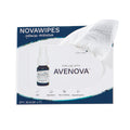 A partially removed NovaWipes pad by NovaBay is shown in the packaging, highlighting its softness, absorbency, and hypoallergenic qualities. Designed for irritated eyelids, these pads are perfect for use alongside Avenova Spray antimicrobial eyelid cleanser.