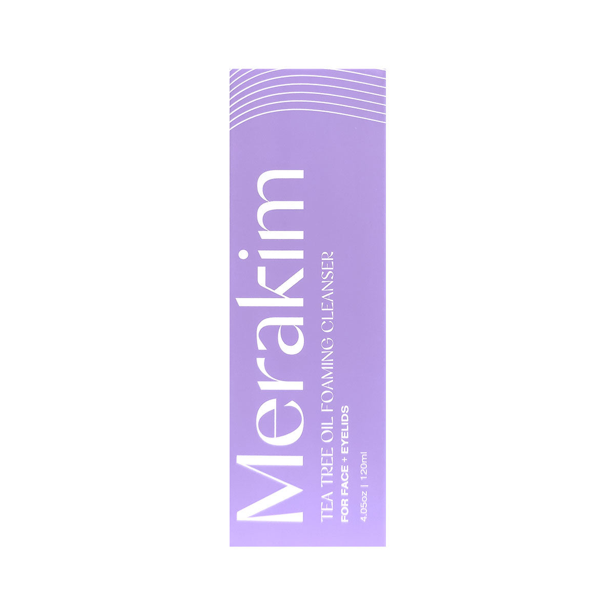 The Merakim Tea Tree Oil Foam Facial Cleanser (120mL) features a purple rectangular packaging with For Acne Prone in white. Wavy lines enhance its appeal, while Tea Tree Oil soothes eye inflammation and irritations.